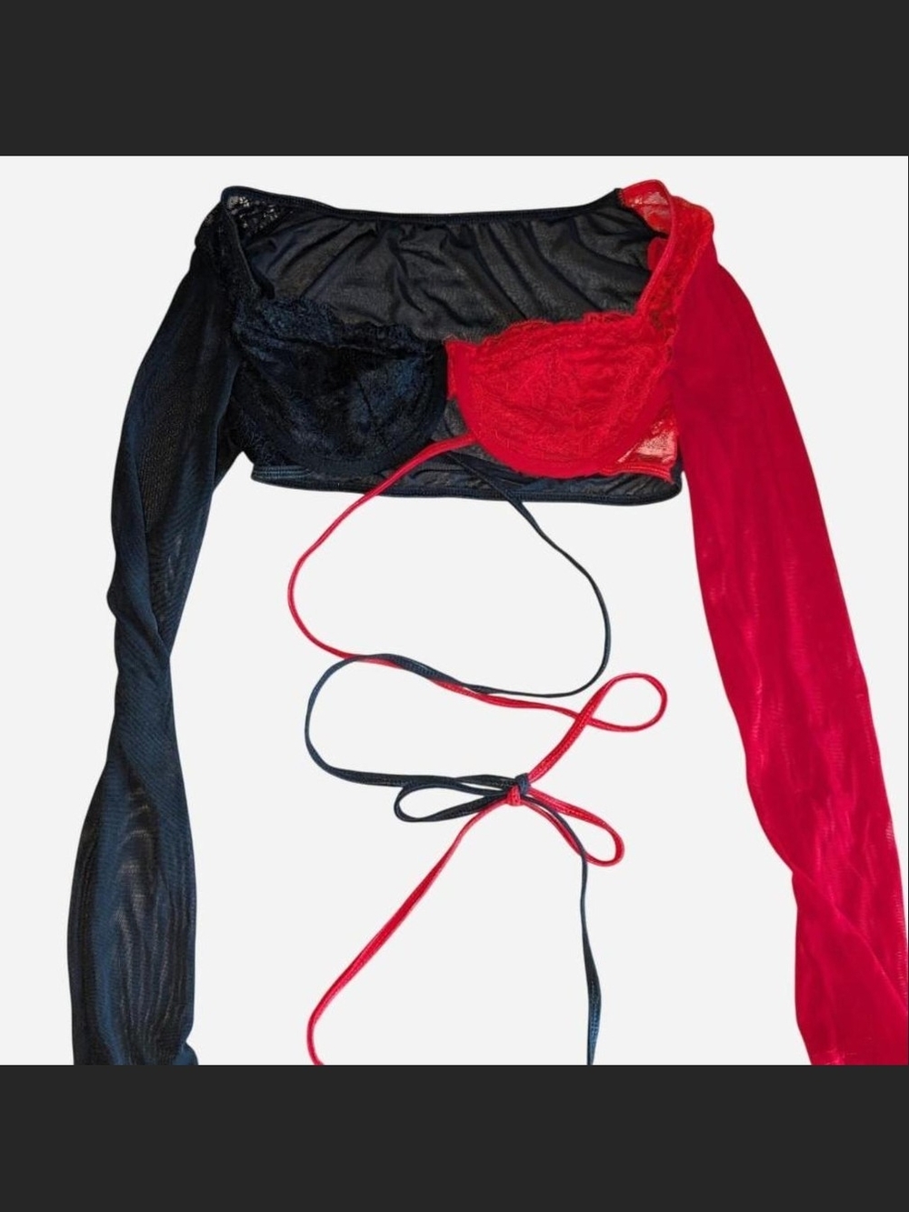Two-Tone Red and Black Lace Tie-waist Mesh Crop Top
